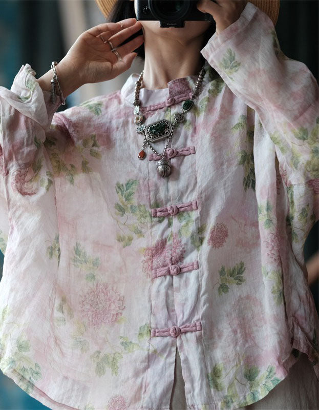 vintage floral linen blouse women relaxed fit casual shirt