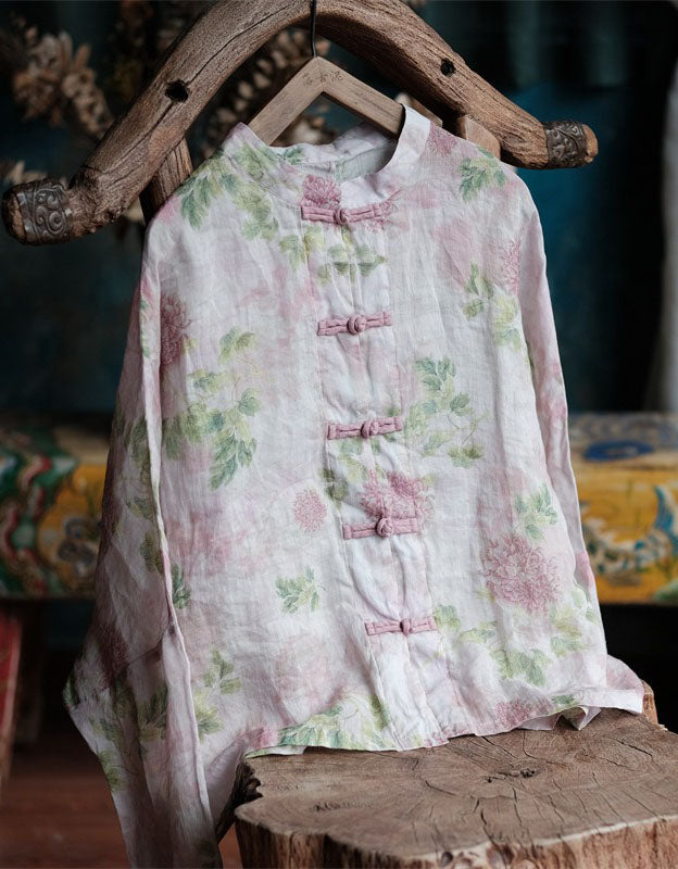 Women’s Lightweight Linen Floral Shirt – Chinese Style Top