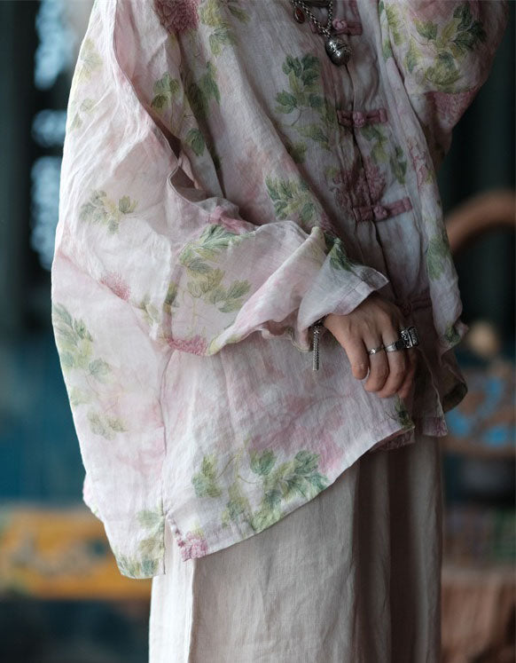 Women’s Boho Floral Linen Top – Loose Vintage Chinese Blouse