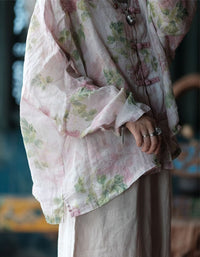 Women’s Boho Floral Linen Top – Loose Vintage Chinese Blouse