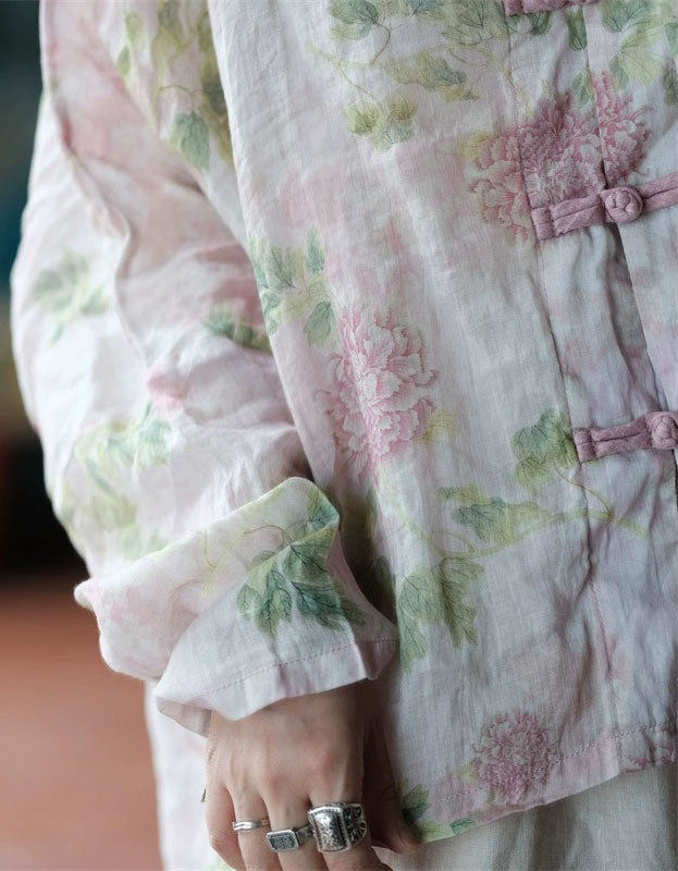 Vintage Floral Linen Blouse Women – Casual Frog Button Shirt