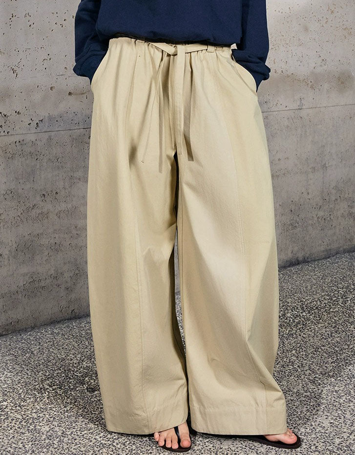 Beige Wide Leg Trousers – High Rise Drawstring Pant