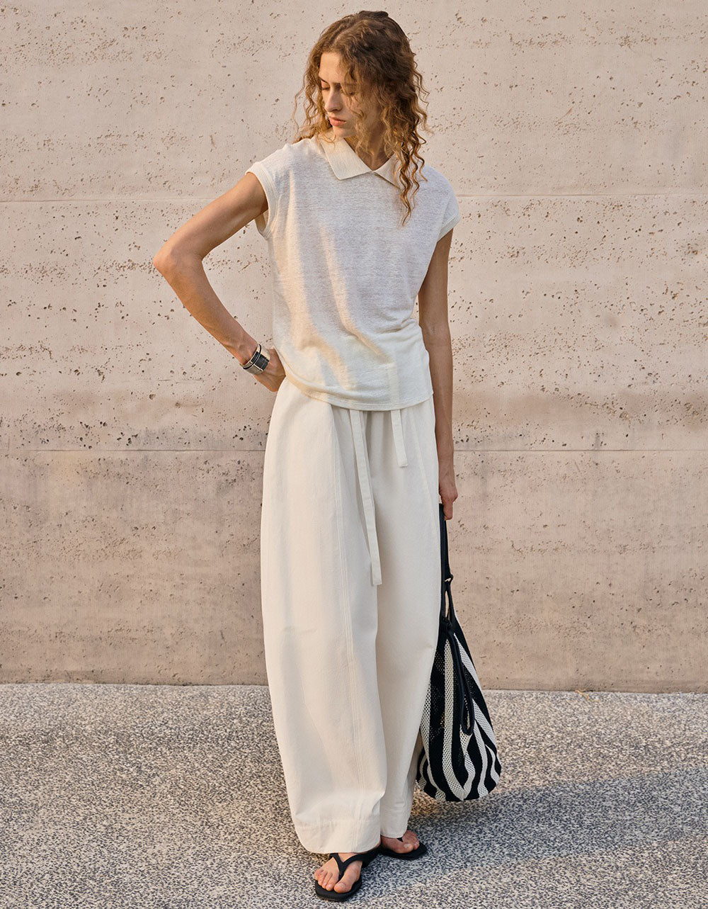 Relaxed High Waist Pants – Beige Wide Leg Trousers