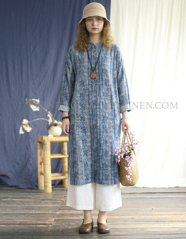 Blue Linen Dress Women Tribal Print Loose Fit Midi Style