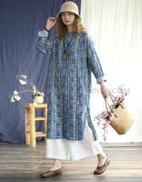 Women Blue Boho Linen Dress Tribal Print Loose Casual Fit