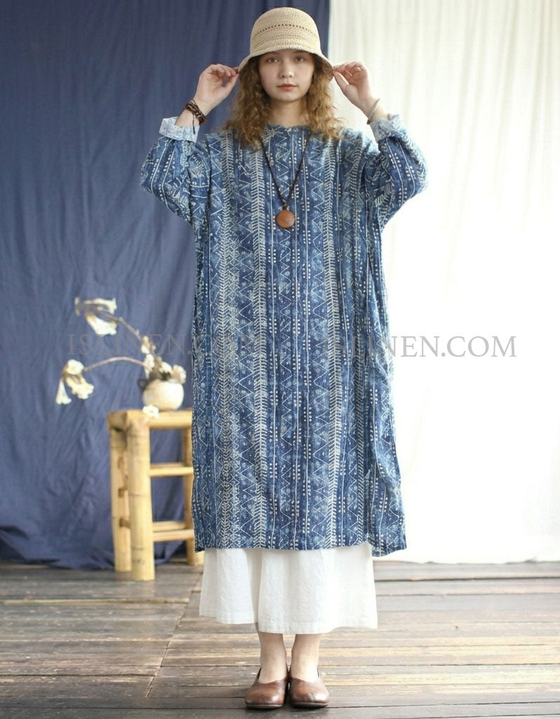 Boho Blue Tribal Print Dress Women Loose Linen Outfit