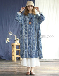 Boho Blue Tribal Print Dress Women Loose Linen Outfit