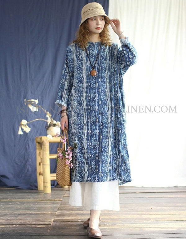 Women Blue Linen Dress Casual Loose Fit Bohemian Style