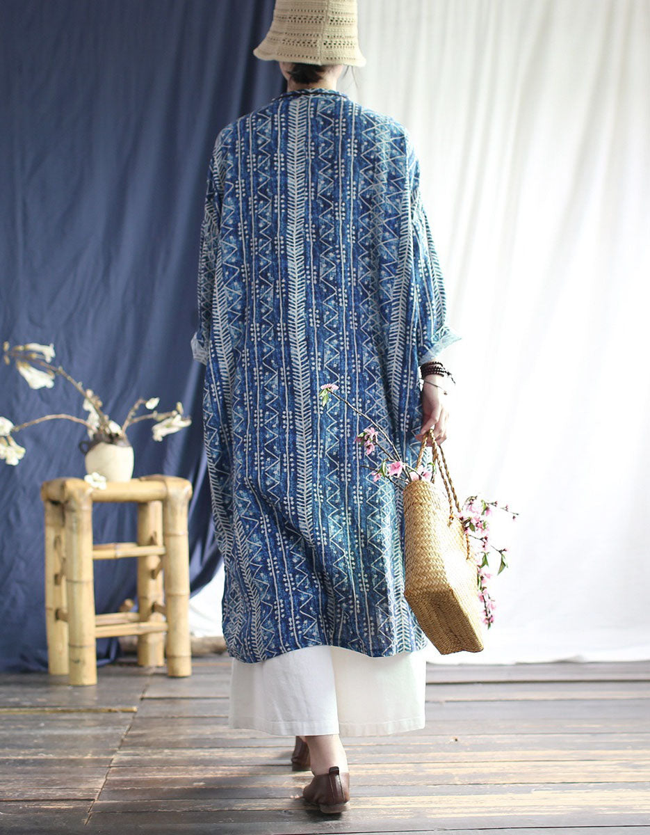 Blue Printed Linen Dress Women Relaxed Fit Midi Dress