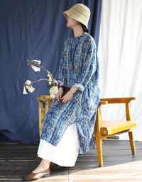 Women blue linen dress featuring tribal print and loose fit design