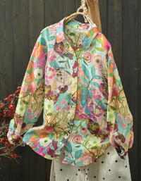 Vintage Style Floral Button-Up Shirt for Women – Loose Fit Cotton Linen Top