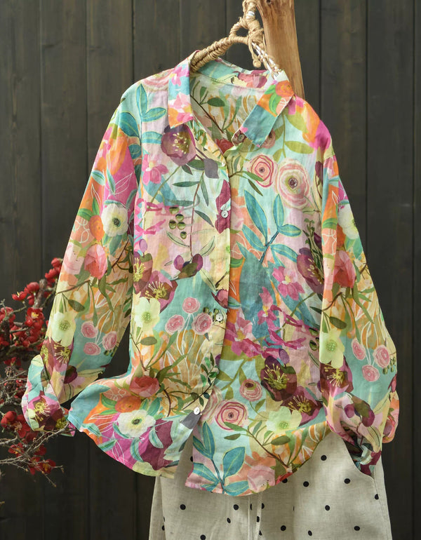 Vintage Style Floral Button-Up Shirt for Women – Loose Fit Cotton Linen Top
