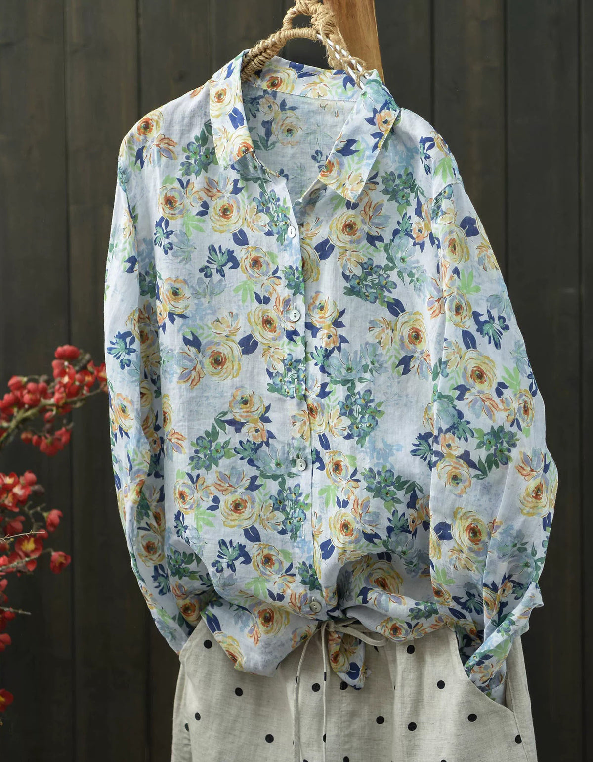 Women’s Retro Floral Print Blouse – Breathable Loose Fit Everyday Shirt