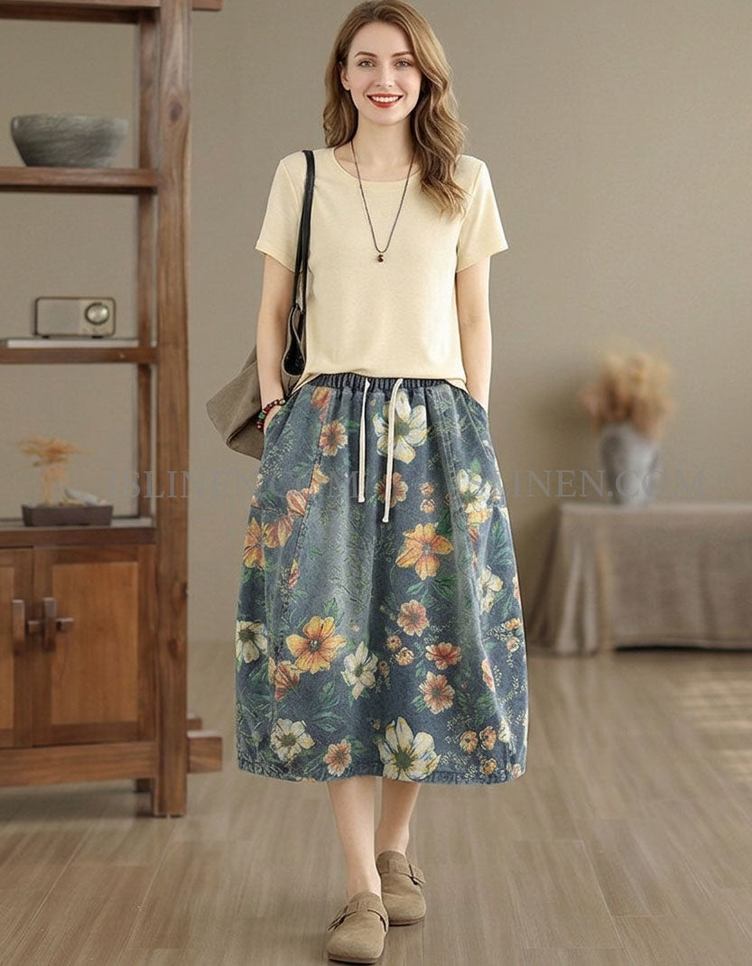 Boho Flower Print A-Line Skirt for Women