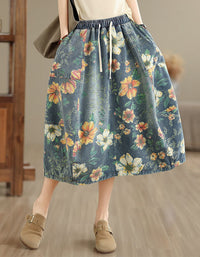 Vintage Floral Midi Skirt with Elastic Waist