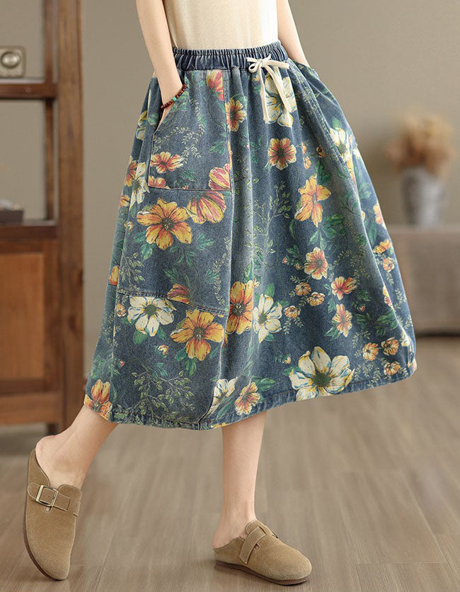 Retro Floral Cotton Midi Skirt with Pockets