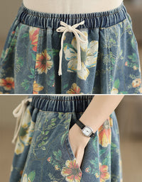 Women’s vintage floral midi skirt with elastic waist and colorful boho print