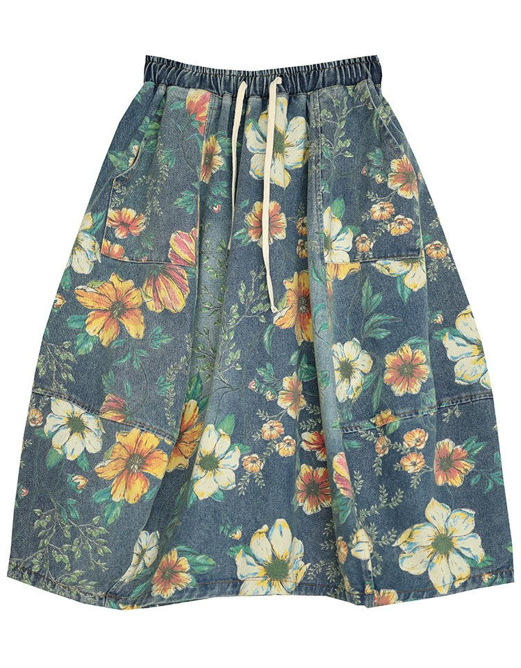 Boho floral A-line skirt with relaxed fit and retro botanical pattern