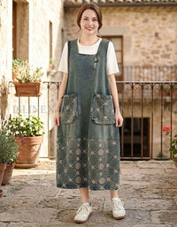 Women wearing denim pinafore dress with floral pockets