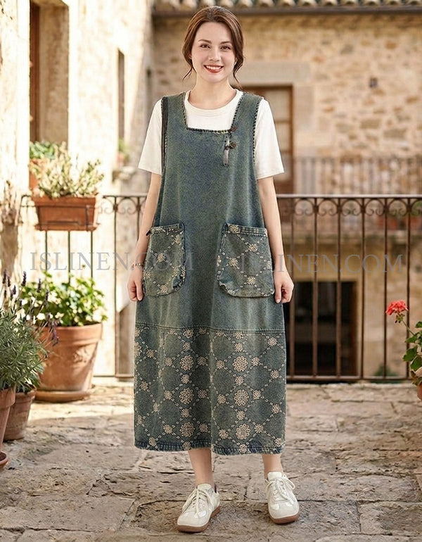 Women wearing denim pinafore dress with floral pockets