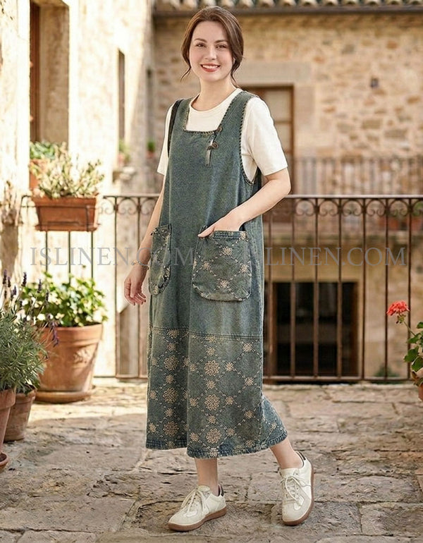 Casual Denim Apron Dress for Women Loose Fit Style