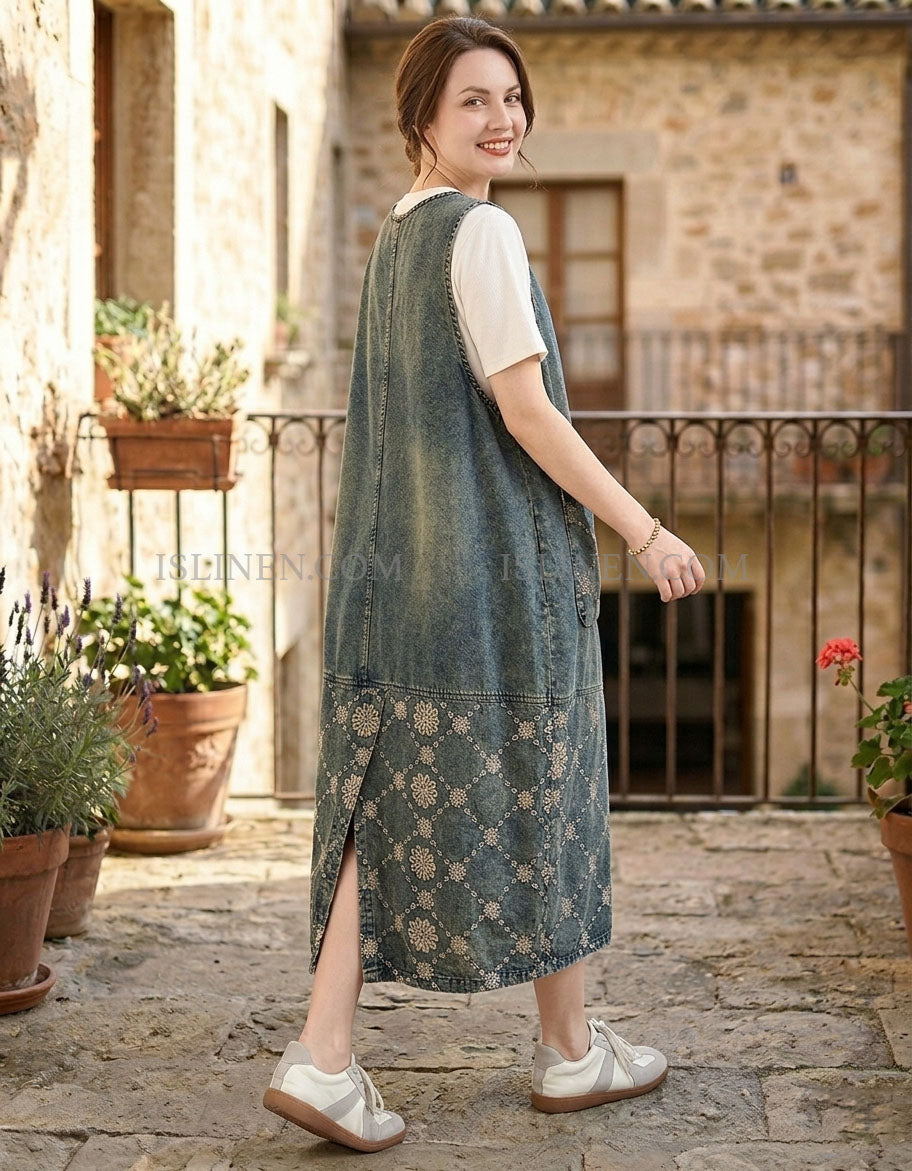 Vintage Denim Pinafore Dress with Front Pockets