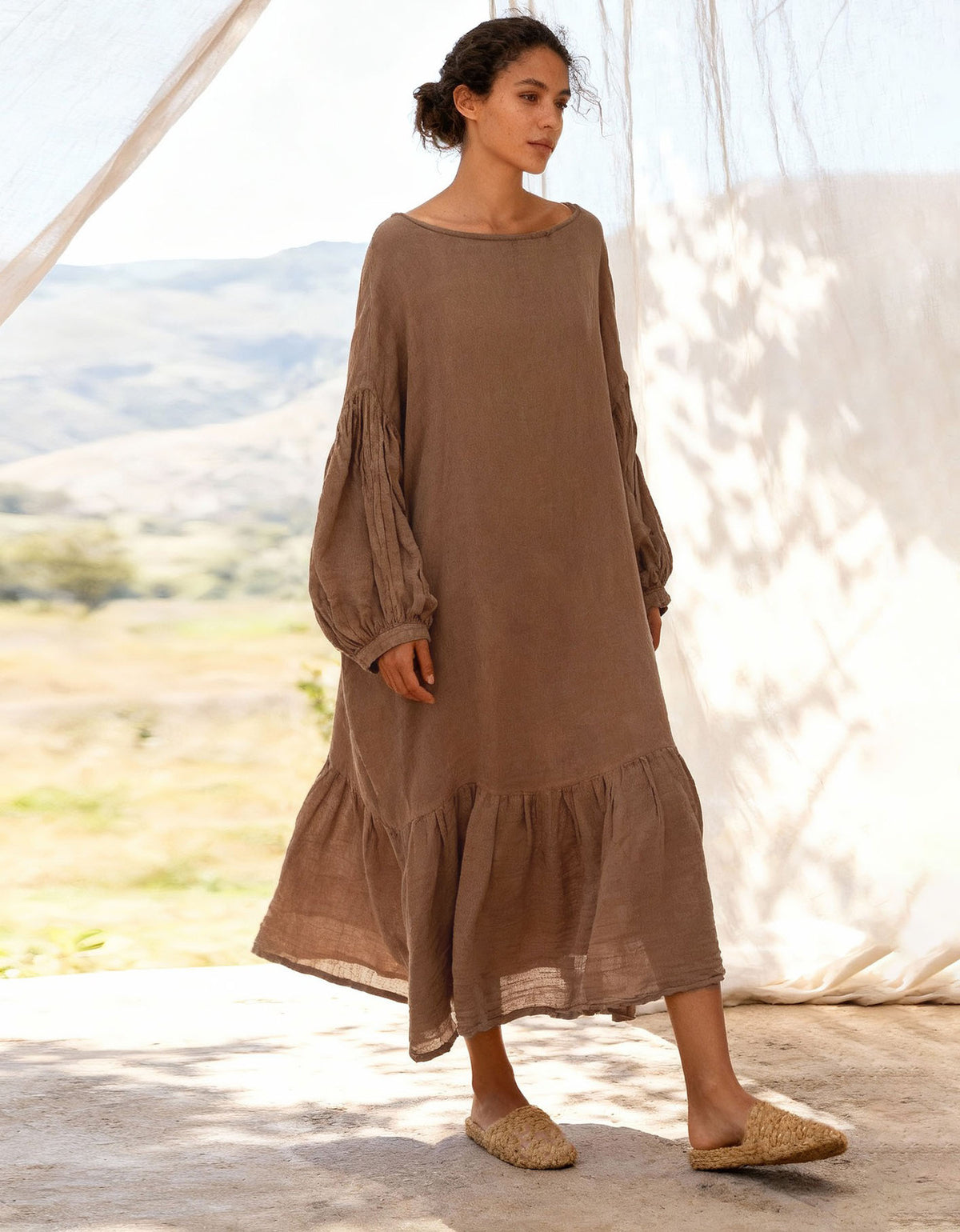 Loose fit long sleeve linen dress casual full body view