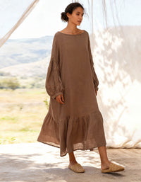Loose fit long sleeve linen dress casual full body view
