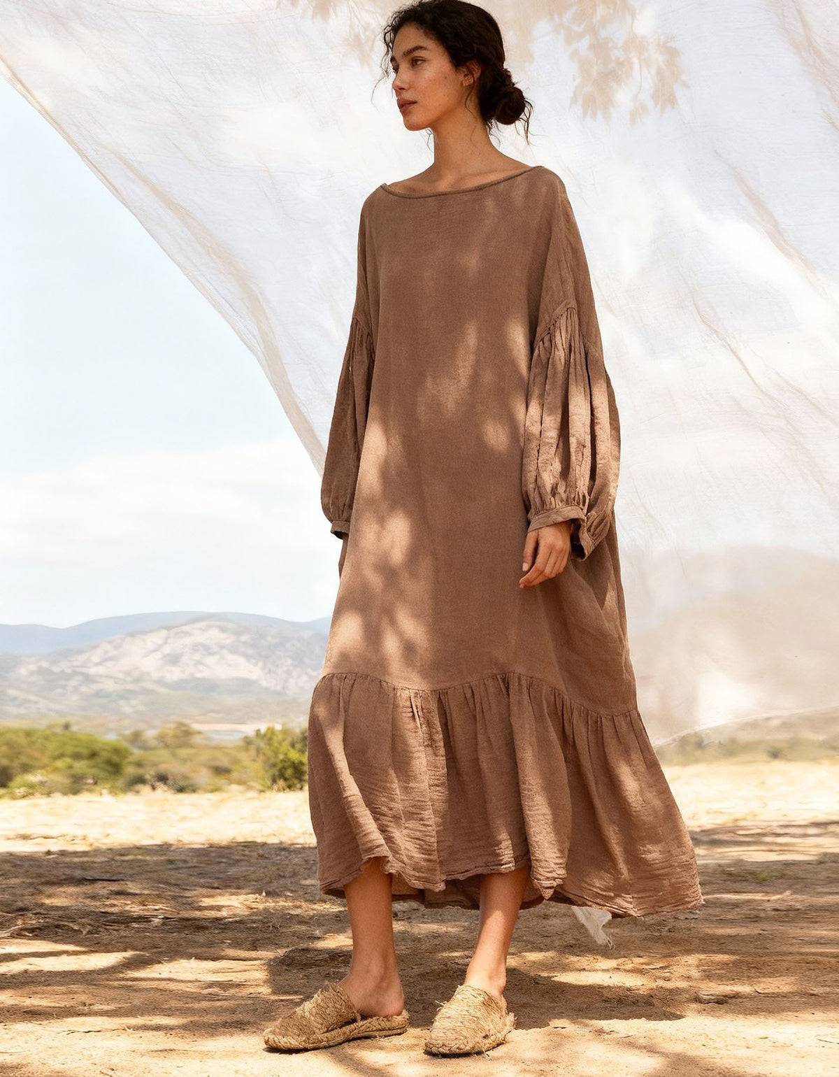 Minimalist brown linen dress with ruffle hem detail