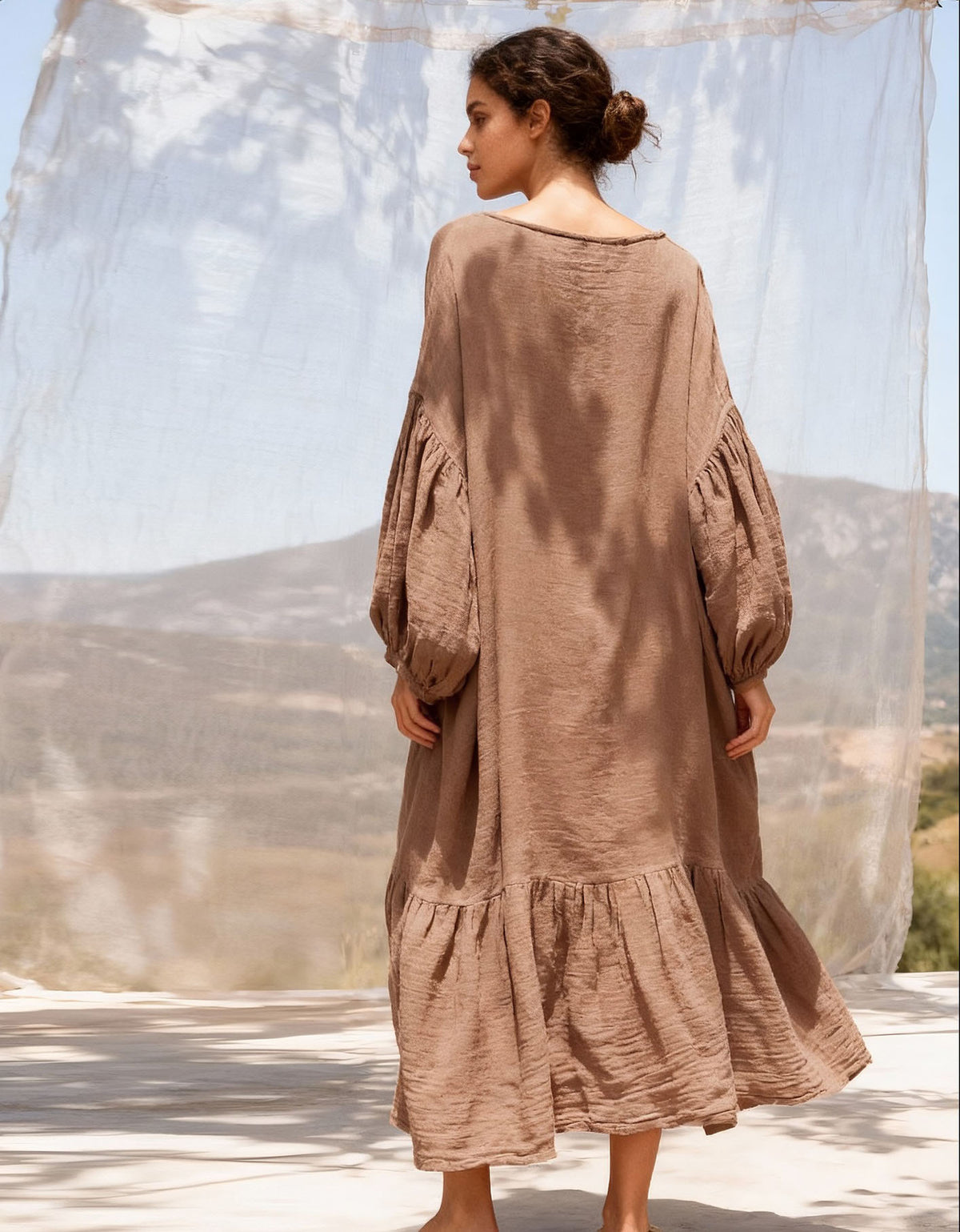 Boho style linen maxi dress relaxed fit outdoor setting