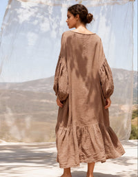 Boho style linen maxi dress relaxed fit outdoor setting