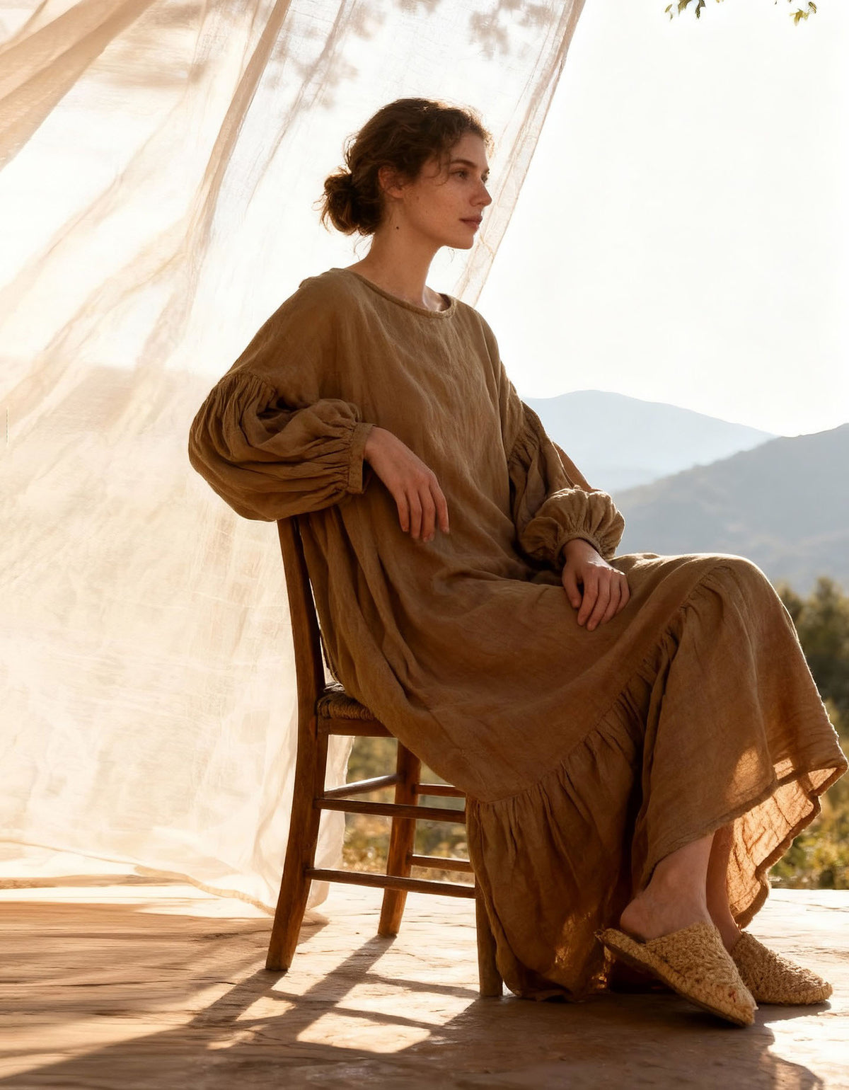 Casual brown linen maxi dress with balloon sleeves