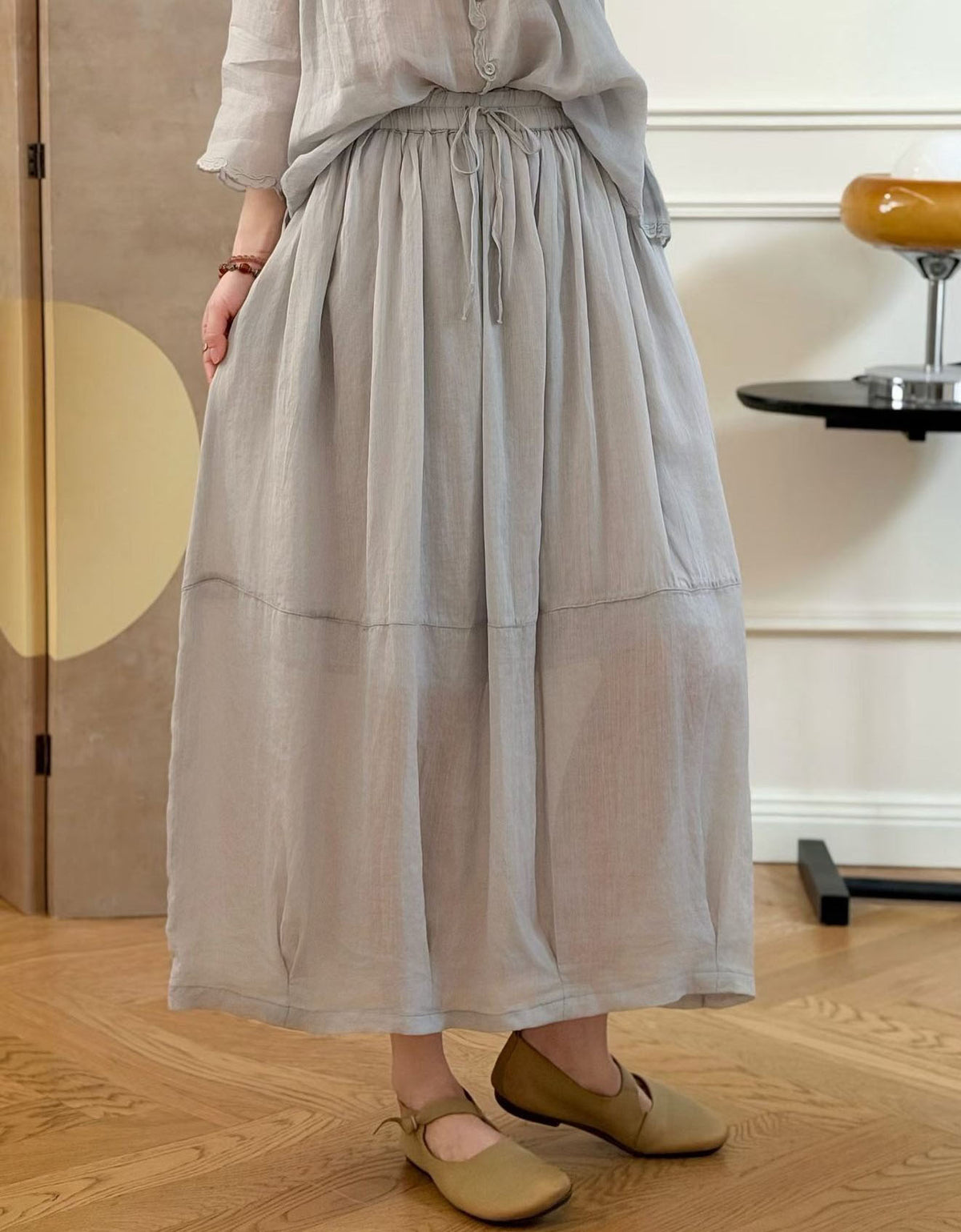 Casual Loose Fit Midi Skirt Drawstring Soft Fabric