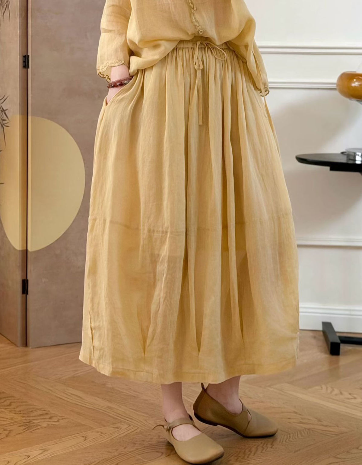 Soft Cotton Midi Skirt Elastic Waist Casual Style