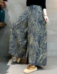 Boho Leaf Print Wide Leg Pants Casual Loose Fit
