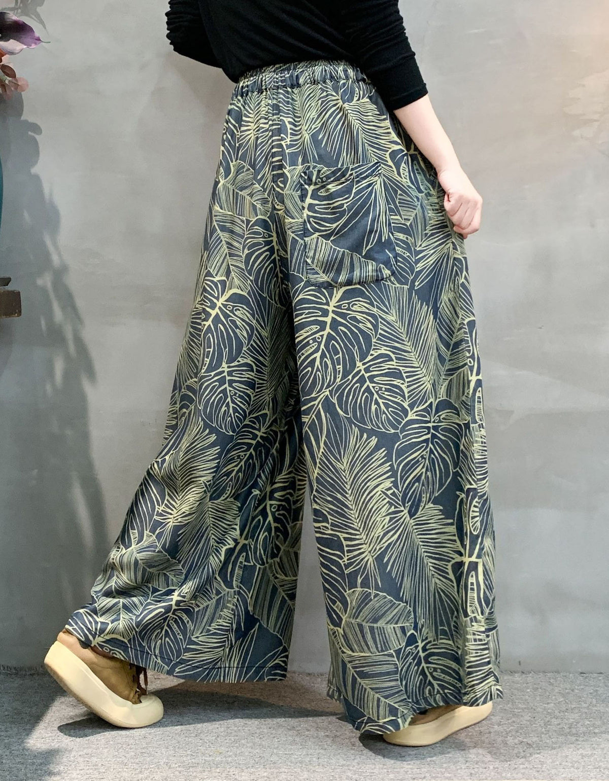 Women leaf print wide leg pants high waist loose casual fit