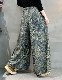 Women leaf print wide leg pants high waist loose casual fit