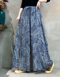 High Waist Leaf Print Relaxed Fit Wide Leg Pants
