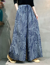 Elastic Waist Leaf Print Wide Leg Lounge Pants