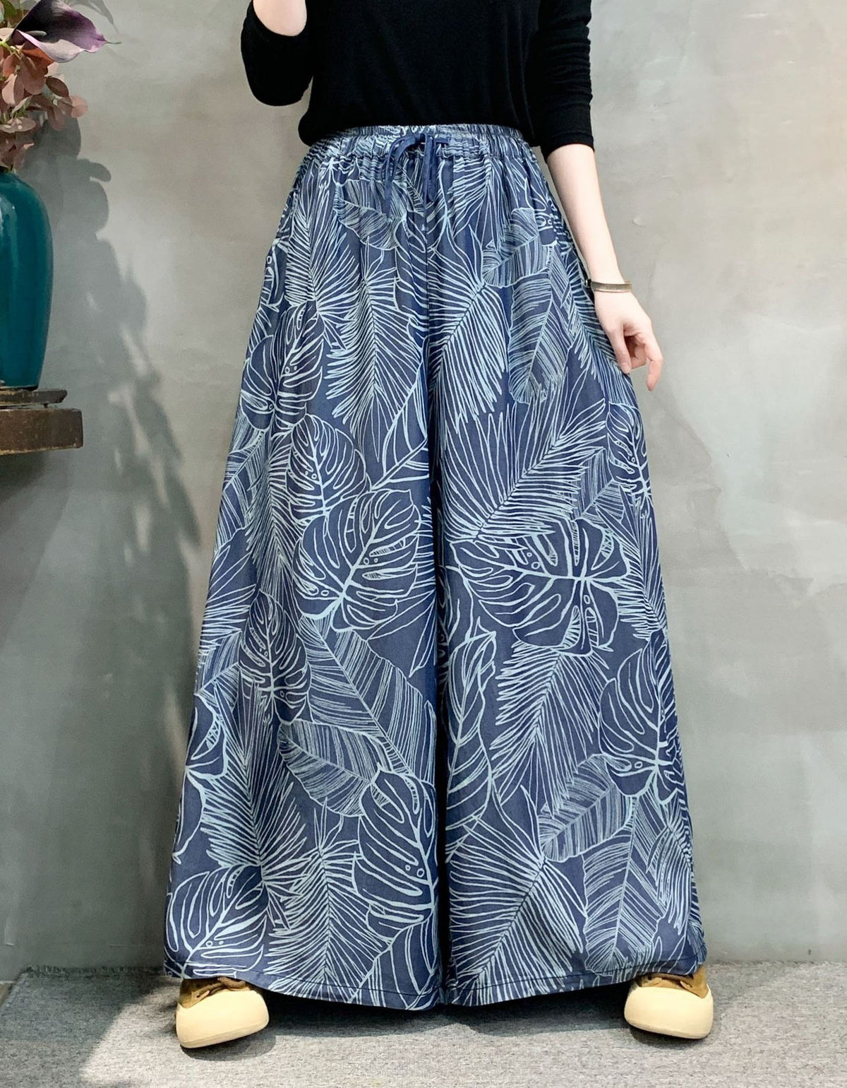 Vintage Leaf Print Loose Wide Leg Summer Pants