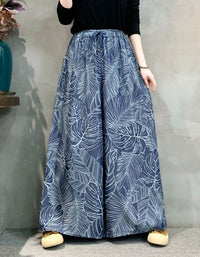 Vintage Leaf Print Loose Wide Leg Summer Pants