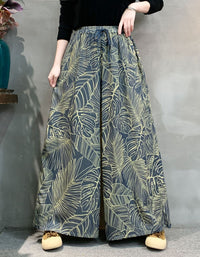 Women Leaf Print Wide Leg Pants Elastic Waist
