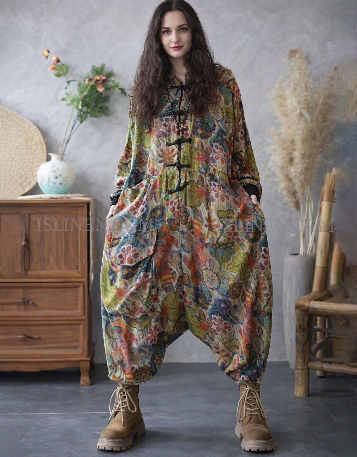 floral oversized jumpsuit women front view baggy fit