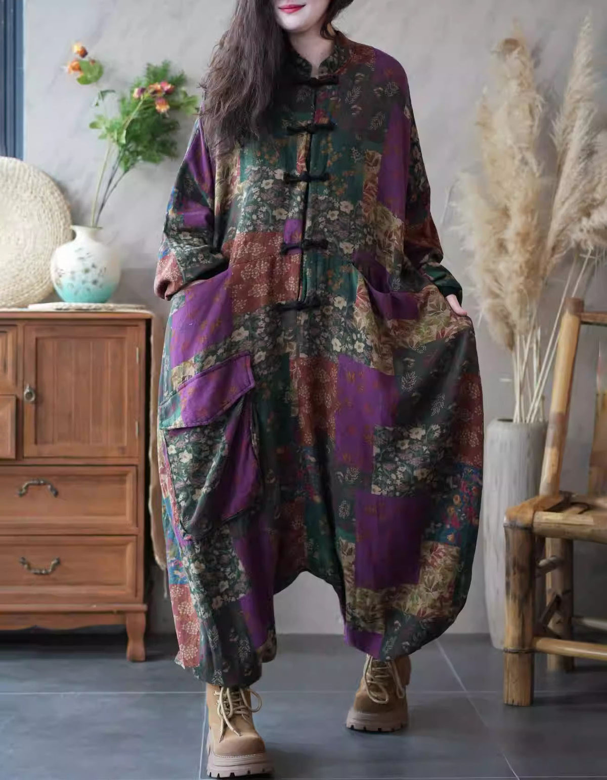 vintage floral wide leg jumpsuit women loose style