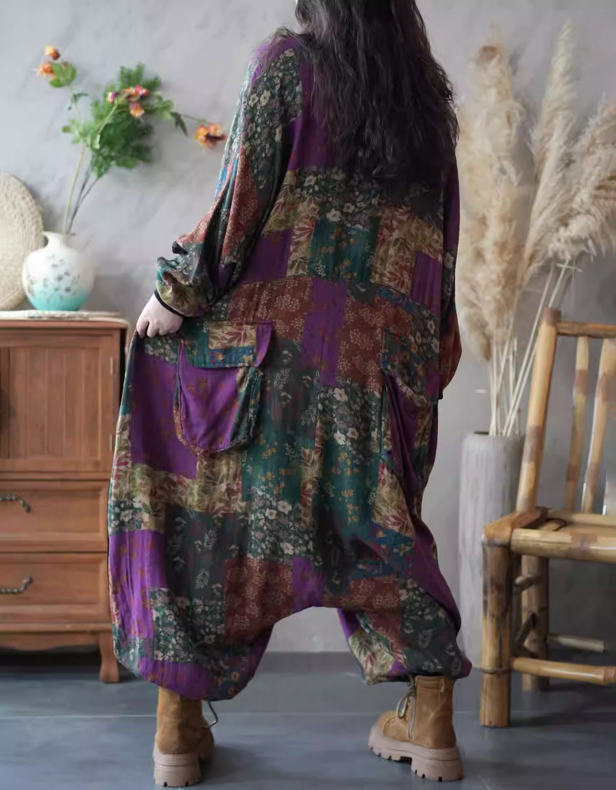 Back view of floral oversized jumpsuit women front view baggy fit