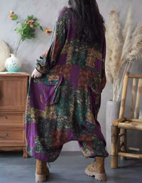 Back view of floral oversized jumpsuit women front view baggy fit