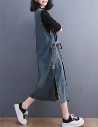 Vintage Style Denim Pinafore Dress – Women’s Casual Midi Dress