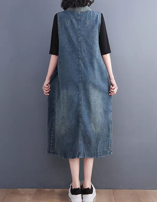 Casual Denim Midi Dress for Women – Vintage Sleeveless Dress