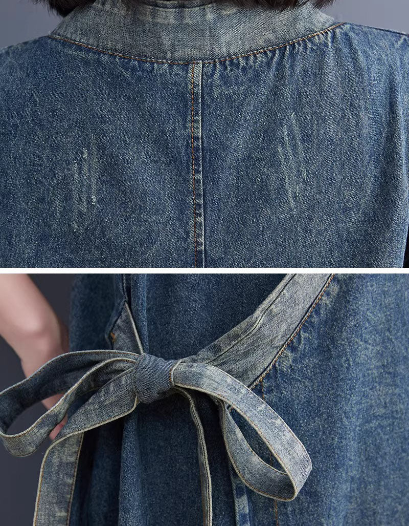 Women’s Denim Wrap Pinafore Dress – Loose Casual Midi Dress