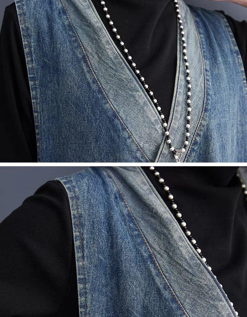 Spring Vintage Sleeveless Denim Wrap Pinafore Dress